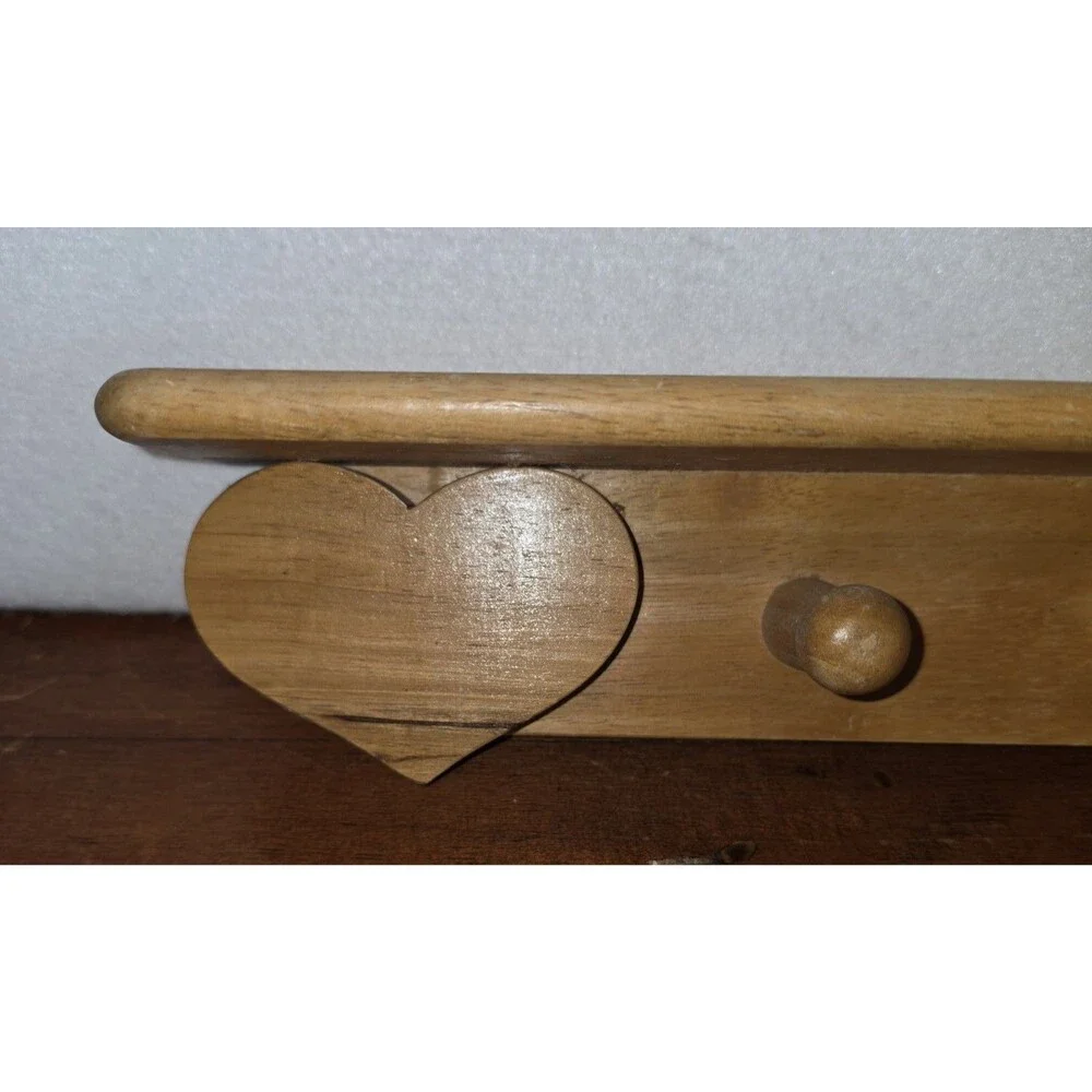 VTG Wooden Hearts Wall Shelf 3 Pegs Solid Oak Grandmacore 18 X 3.5 X 3.5